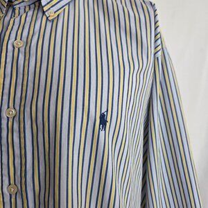 Ralph Lauren Dress Shirt Men's 17 1/2, 34/35 Blue Yellow Stripe Yarmouth